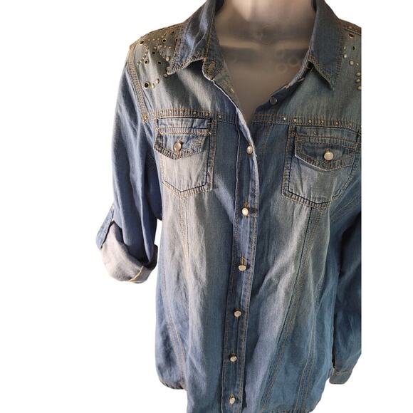 Jeans By Buffalo Denim Shirt Long or 3/4 Sleeve Studded Design New Sz M - Picture 6 of 9
